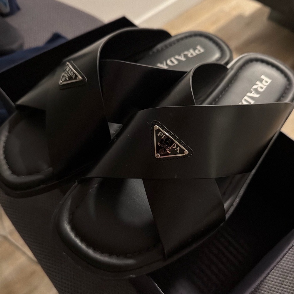Prada Black Leather Slide Sandals